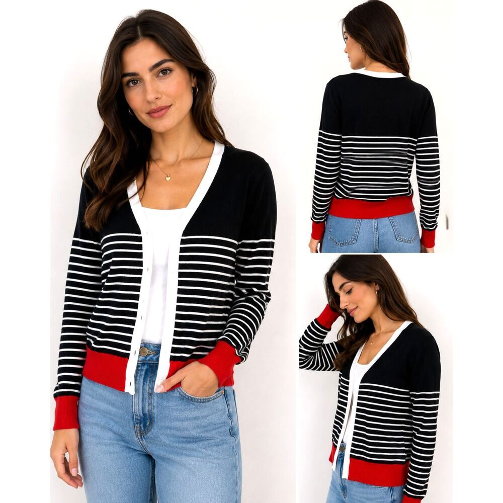 Cielo Striped Cardigan Sweater Black White Red Preppy Coastal Women S